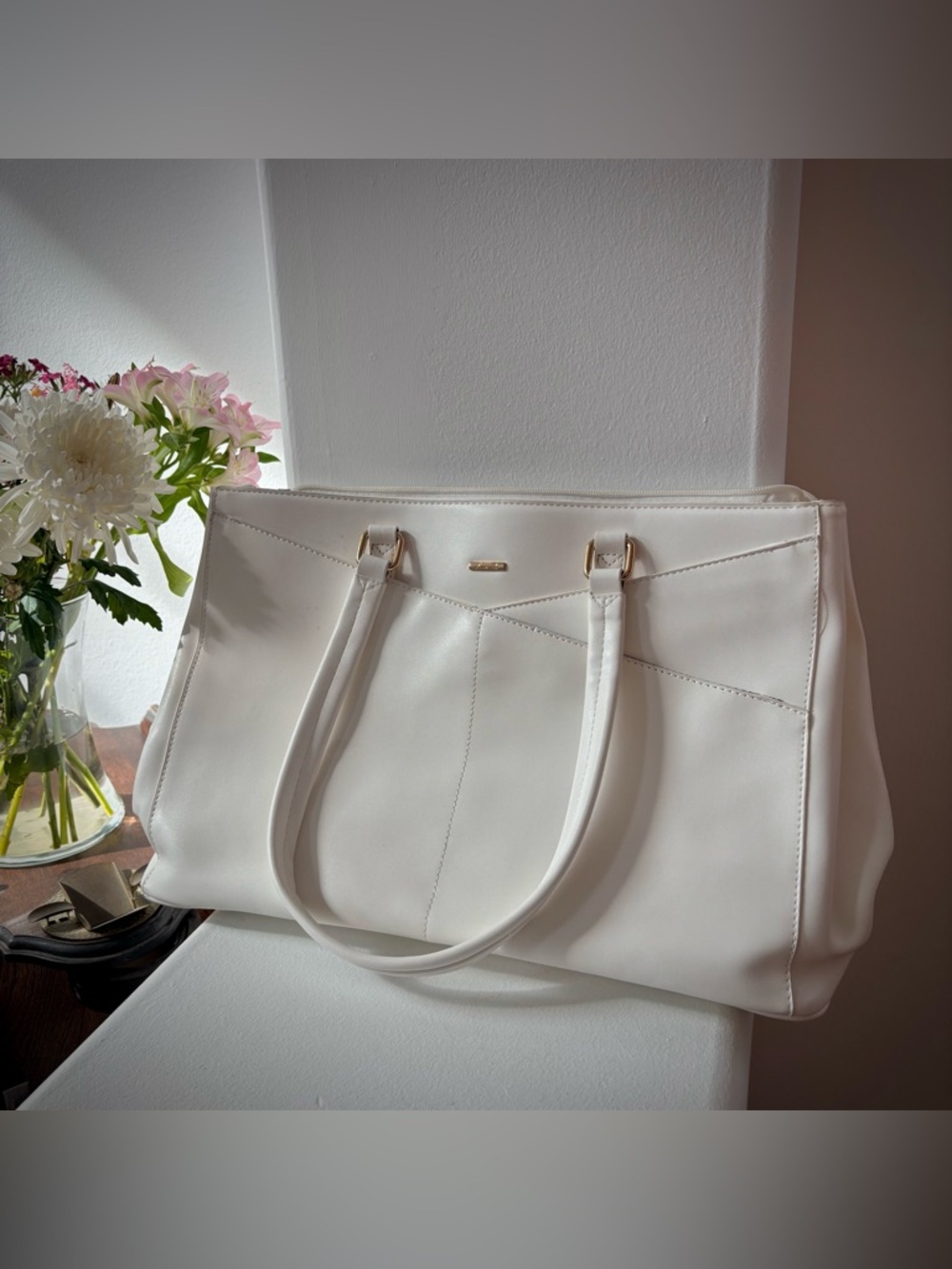 White Laptop Tote Bag Minimalist Work Office Commuter Carryall - Picture 8 of 16